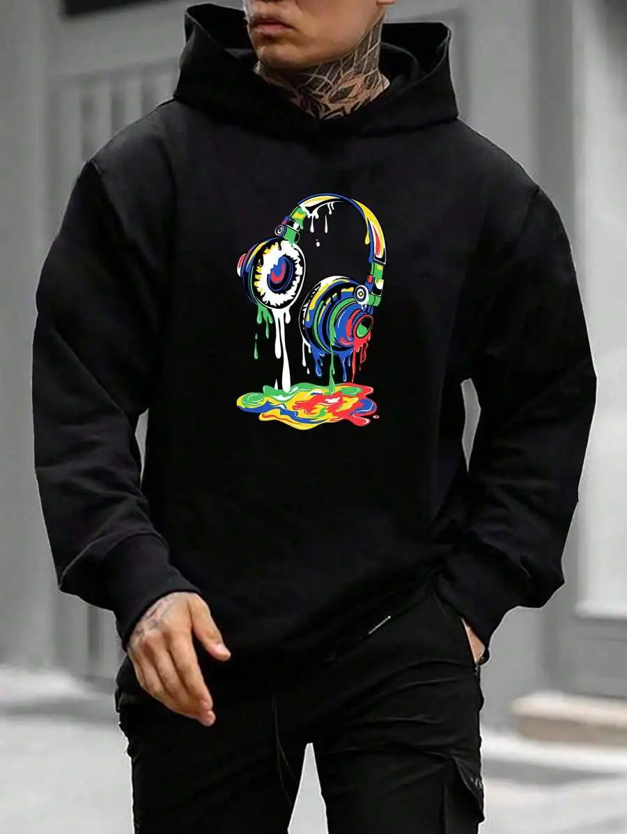 New High Quality Men's Streetwear, Colorful Headphone Graphic Print Fashion Cotton Soft Outdoor Sports Hoodie