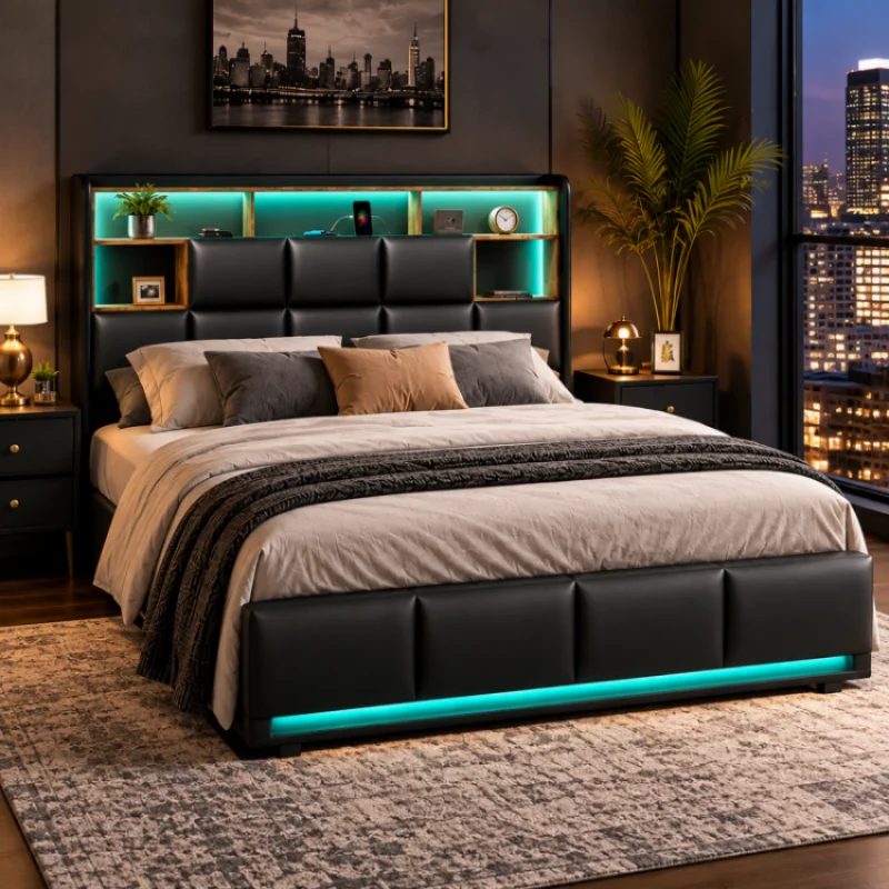 Letto 140/160X200 con base, letto con contenitore per 2 persone, letto con contenitore a scomparsa, testiera e ripiani con contenitore in PU, struttura del letto