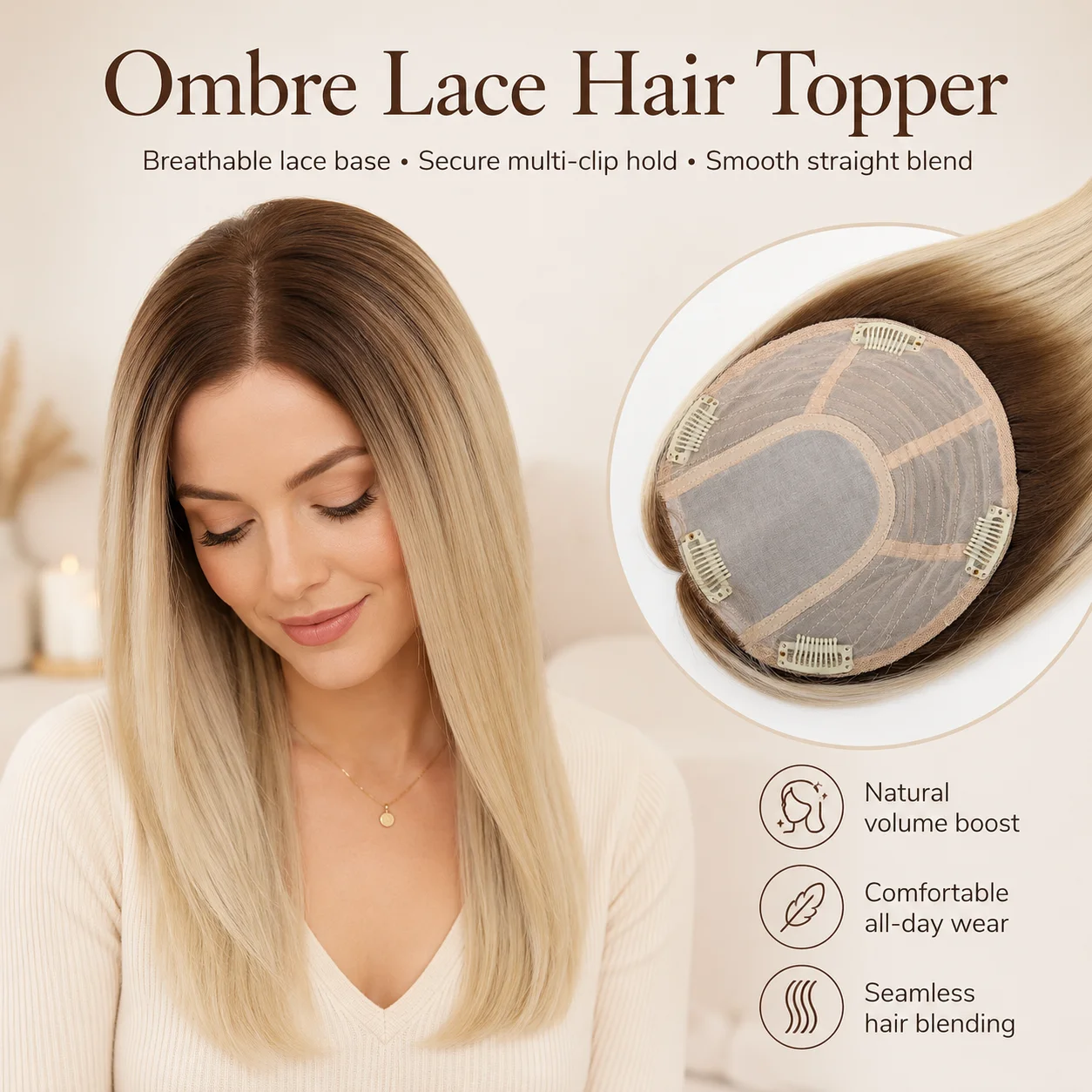 TUW16 Silk Base Remy Human Hair Topper for Women Natural Look Hair Piece to Combat Thinning Crown Human Hair Toppers for Women