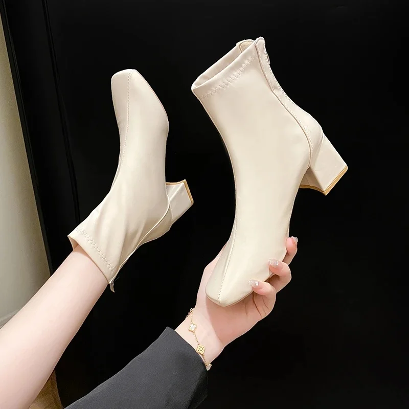 Bottes à talons épais et moyens pour femmes, bottes courtes décontractées à bout carré avec fermeture éclair au dos, nouvelle collection hiver 2024