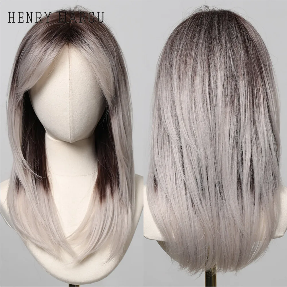 HENRY MARGU Ombre Gray Layered Synthetic Wigs with Bangs Long Straight Sliver Wig for Women Natural Looking Heat Resistant Fiber