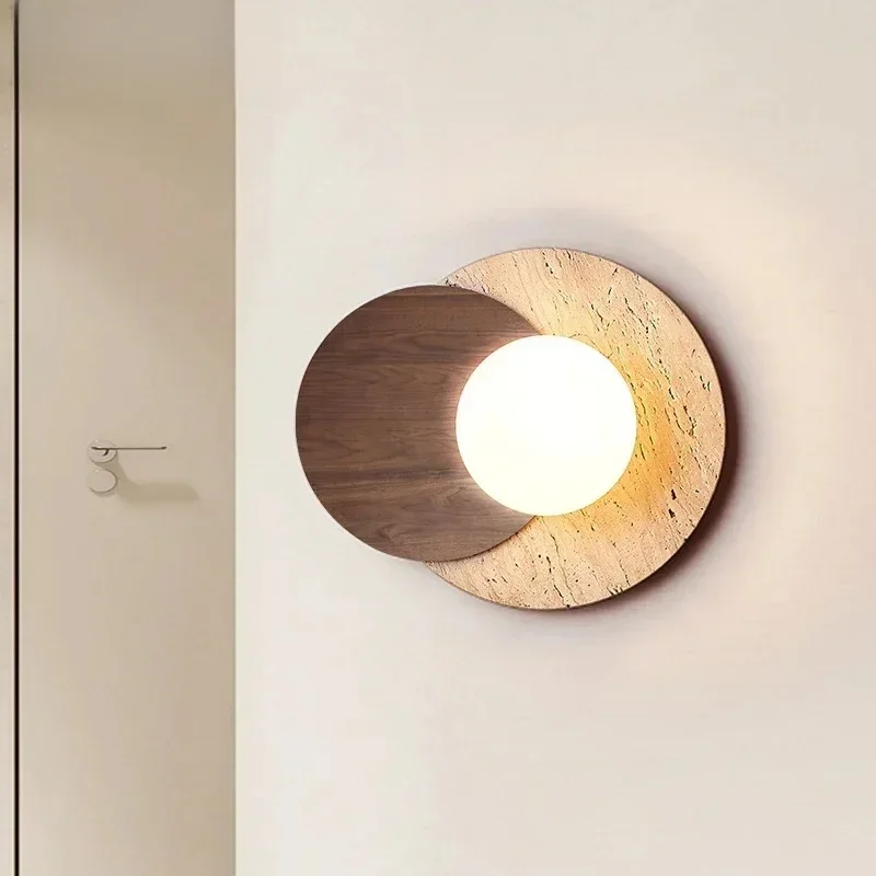 Luma Wabi-Sabi Żółty Trawertyn Kamień Drewno Okrągłe Lampy Ścienne do Jadalni Przedpokój Przejście Sypialnia Sypialnia Tło Schody — 2