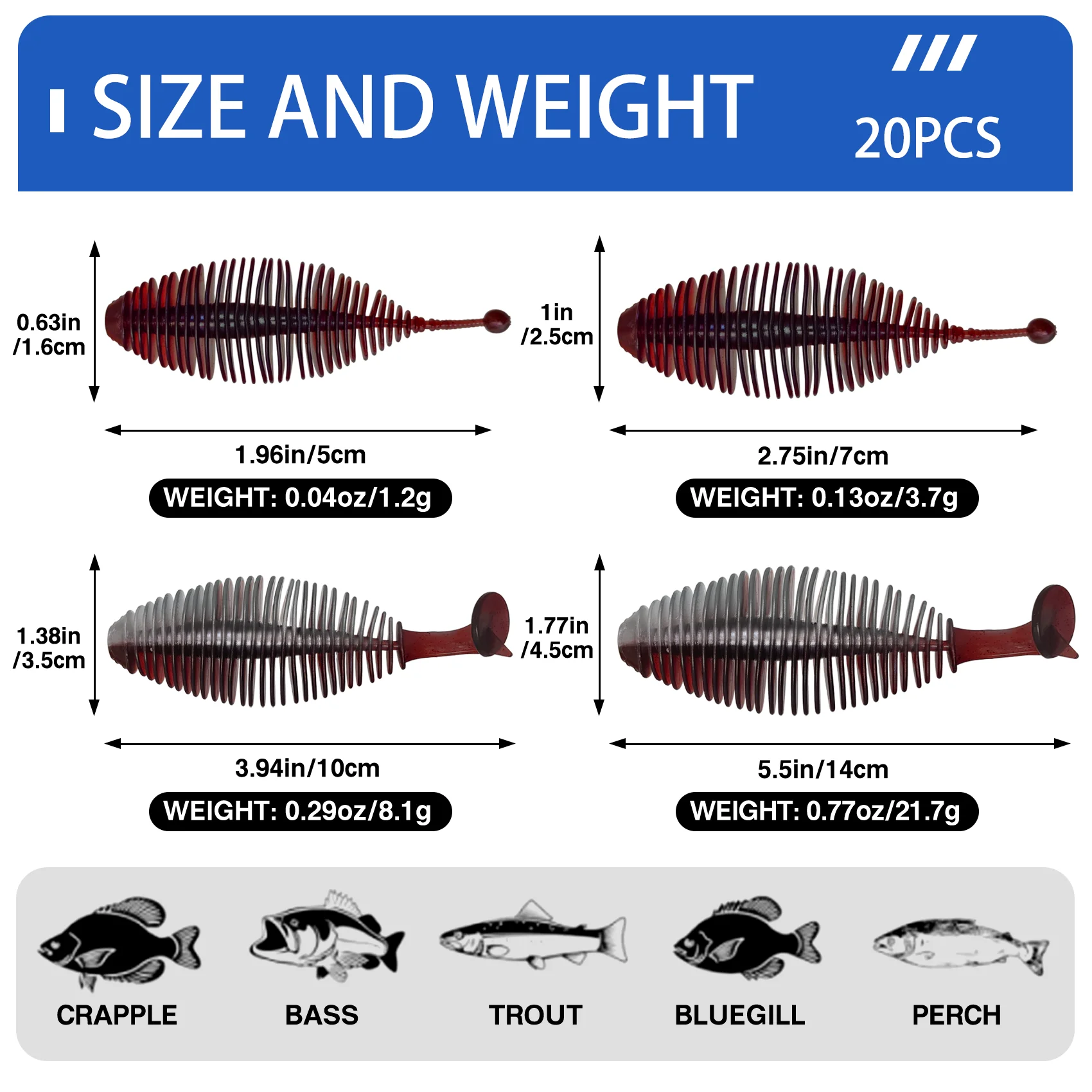 Aventik 20 قطعة منفاخ الخيشومية لينة الصيد إغراء دودة الاصطناعي سويم 50mm70mm100mm140mm بيونيك لينة علقة الصيد أسماك الطعم