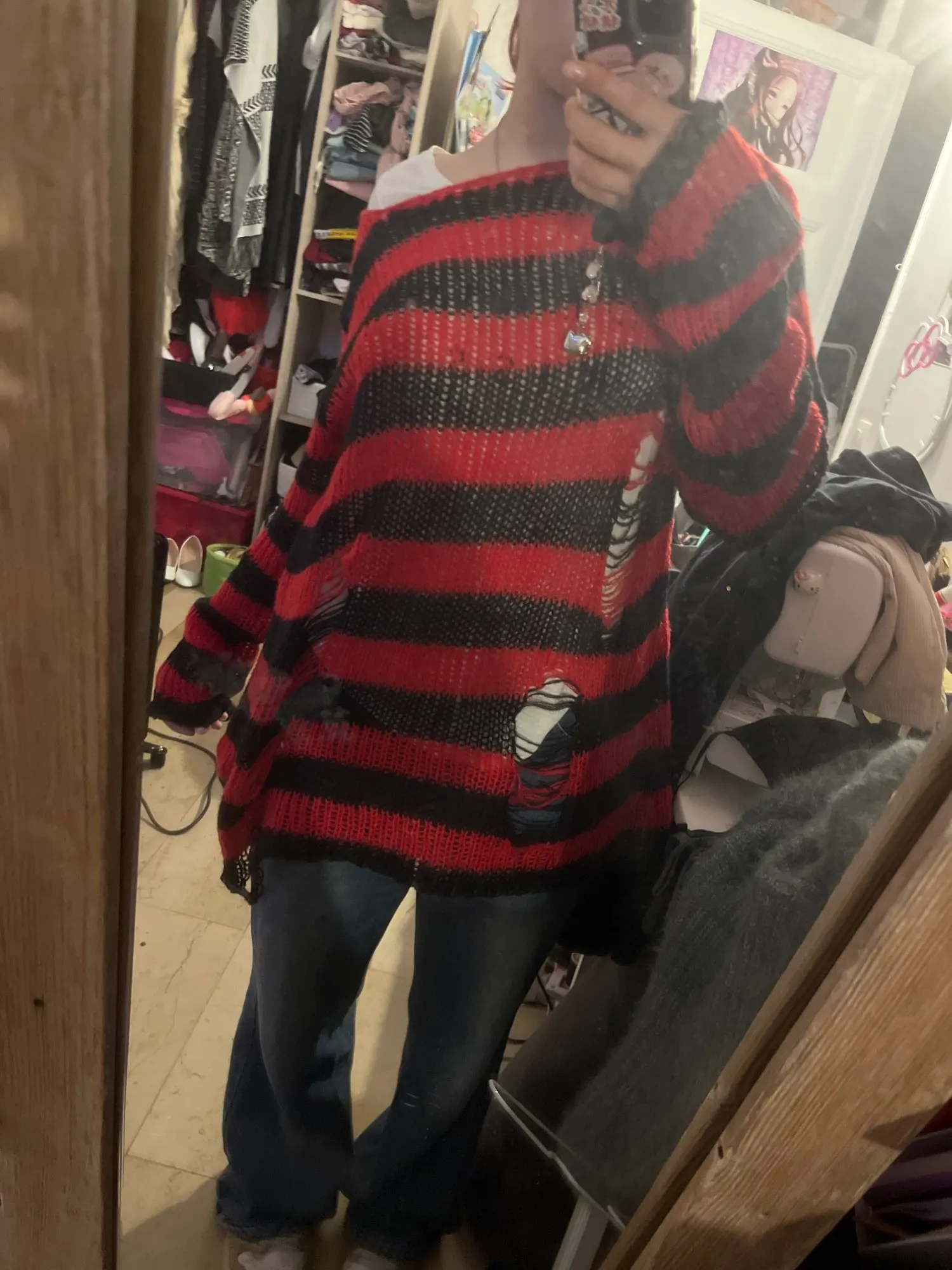 Karrcat Grunge Harajuku Striped Knit Sweater Women Y2K Streetwear Hole Broken Jumper Loose Purple Sweaters Punk Gothic Clothes photo review