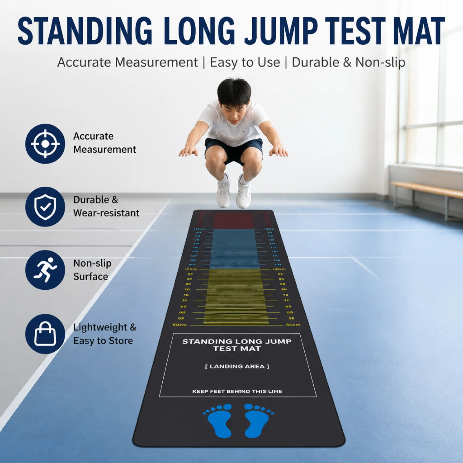 Tapis de saut en longueur antidérapant avec échelle de mesure précise, accessoire de fitness pour professeurs de sport, enfants et adultes
