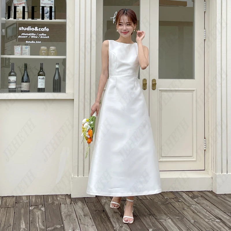 JEHETH Simple Satin A-Line Korea Bridal Gowns For Women O-Neck Sleeveless Wedding Dresses 웨딩드레스 Photography Elegant Ankle-Length