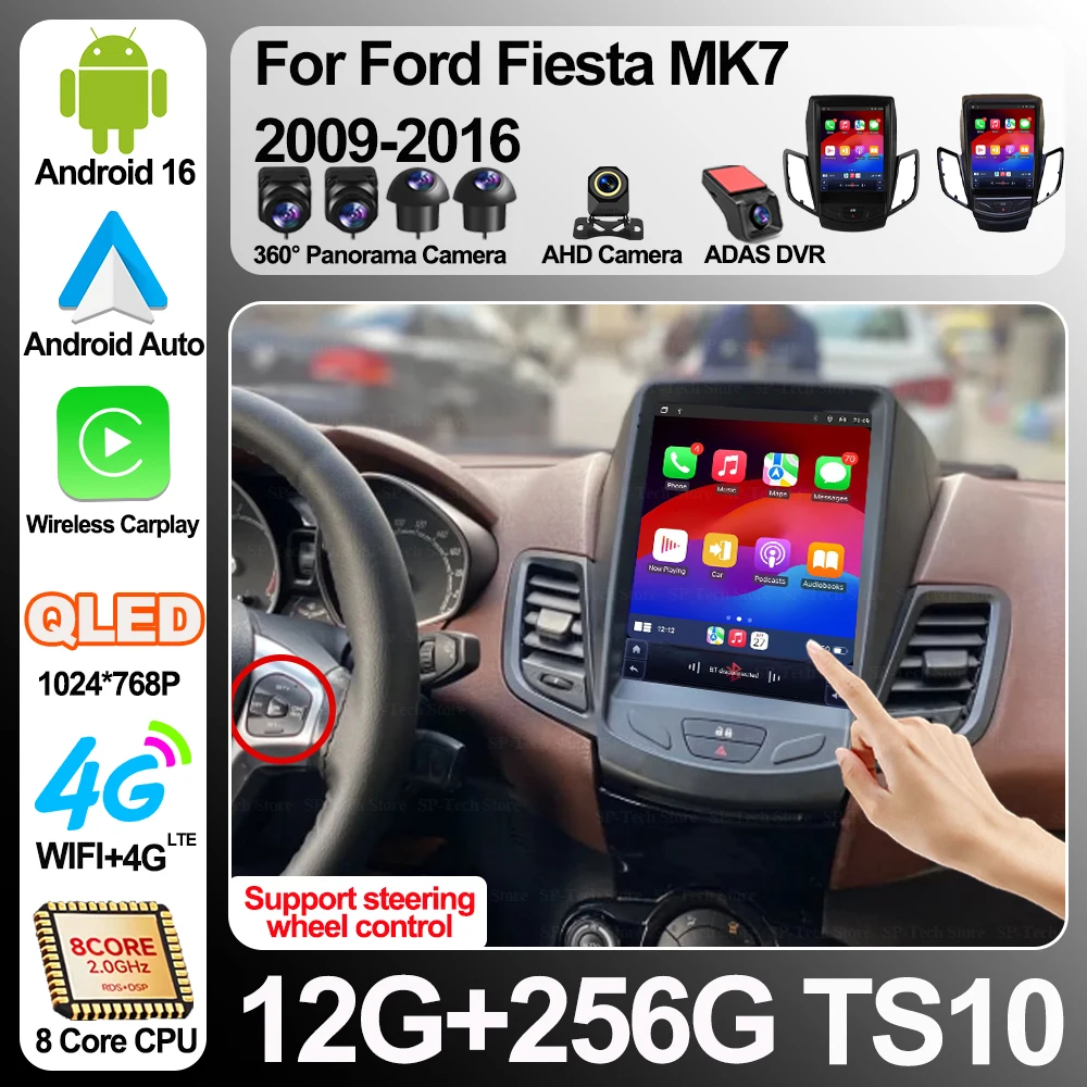 Rádio Automotivo Multimídia com Tela de 9.7 Polegadas, Android 16, para Ford Fiesta Mk7 2009-2016, Reprodutor de Vídeo, Navegação GPS, Estéreo, 2din, Wi-Fi 5G