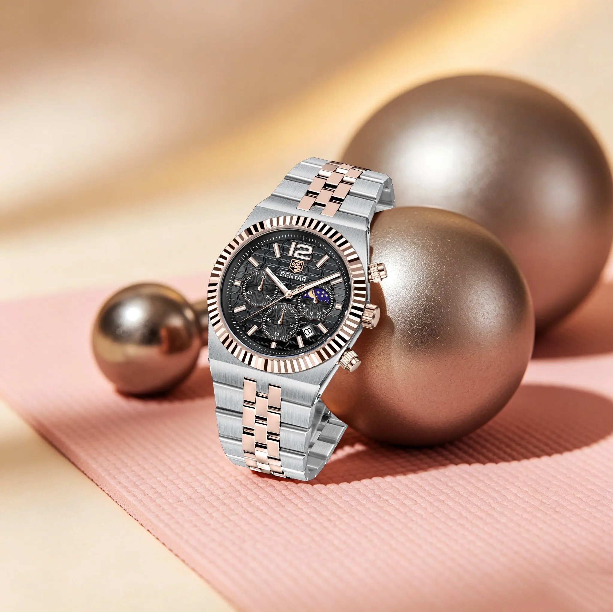 BENYAR Men Quartz Watch Fluted Bezel Honeycomb Dial Moon Phase Luminous Dive Stainless Watch For Business Formal Casual Occasion