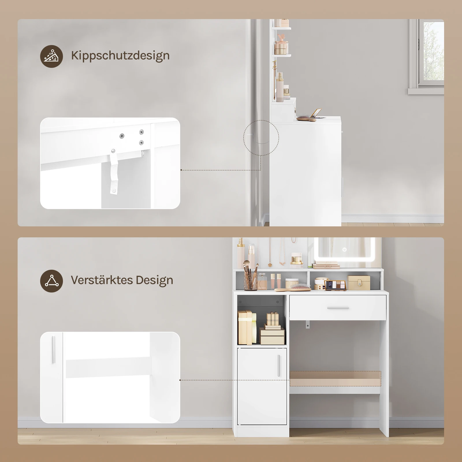 Picture 5: WOLTU Cosmetic Table Dressing Table with Adjustable LED Lights Mirror Vanity Unit with 3 Shelves Storage Cabinet for Bedroom