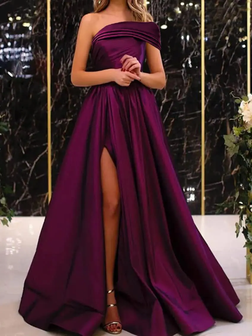 Elegant Satin One Shoulder Prom Dresses With Split & Pockets Cocktail Party Ball Gowns A-Line Long Formal Evening Dress Women