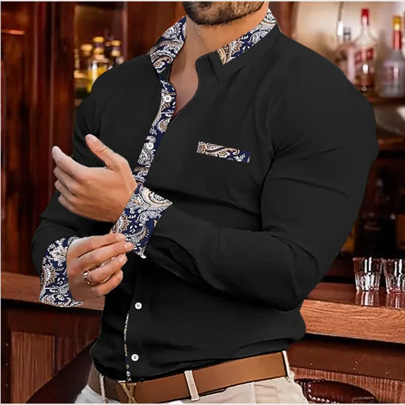 Men\'s shirt buttons casual shirt long -sleeved patchwork shirt daily fake casual comfortable casual and elegant clothing