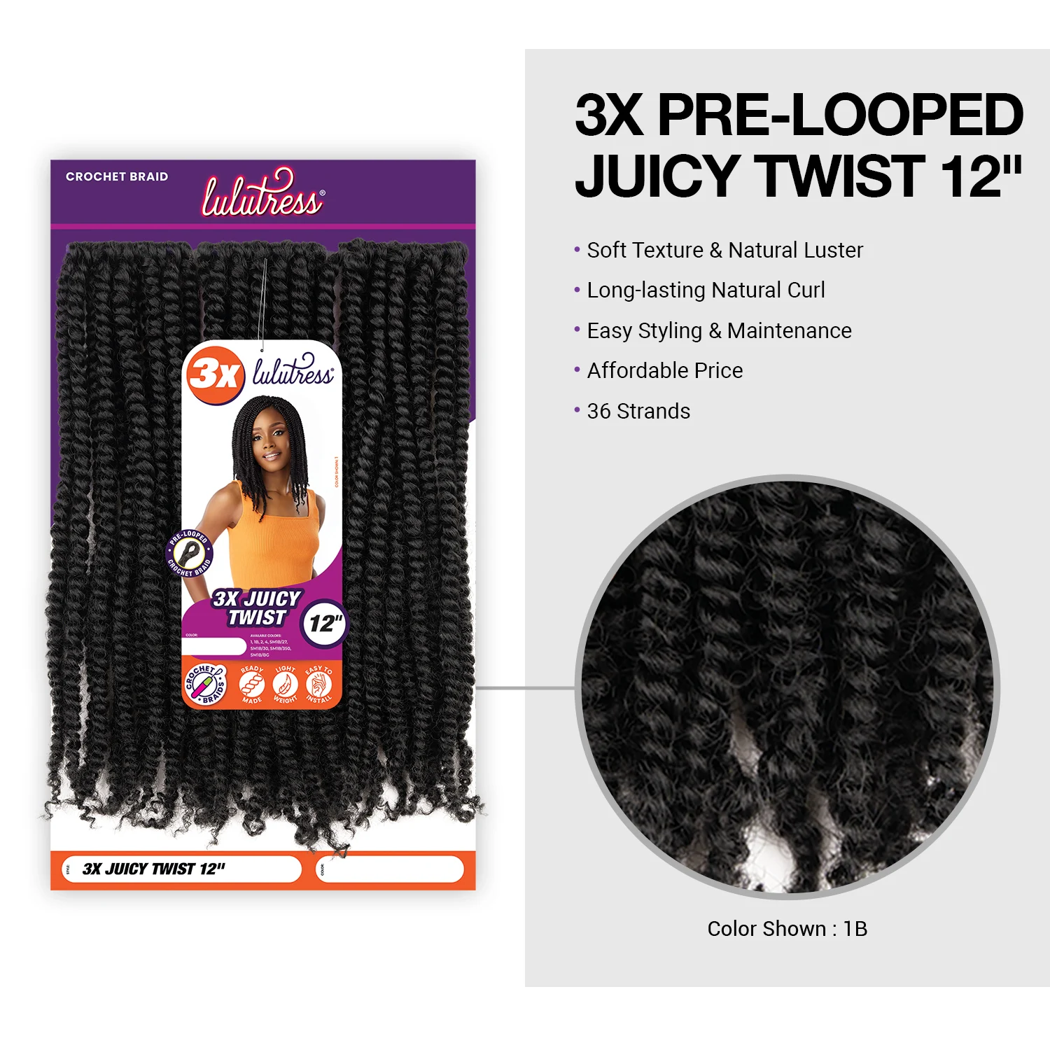 ضفائر كروشيه صناعية من Sensationnel Lulutress 3X ملتفة مسبقًا 12 بوصة #3