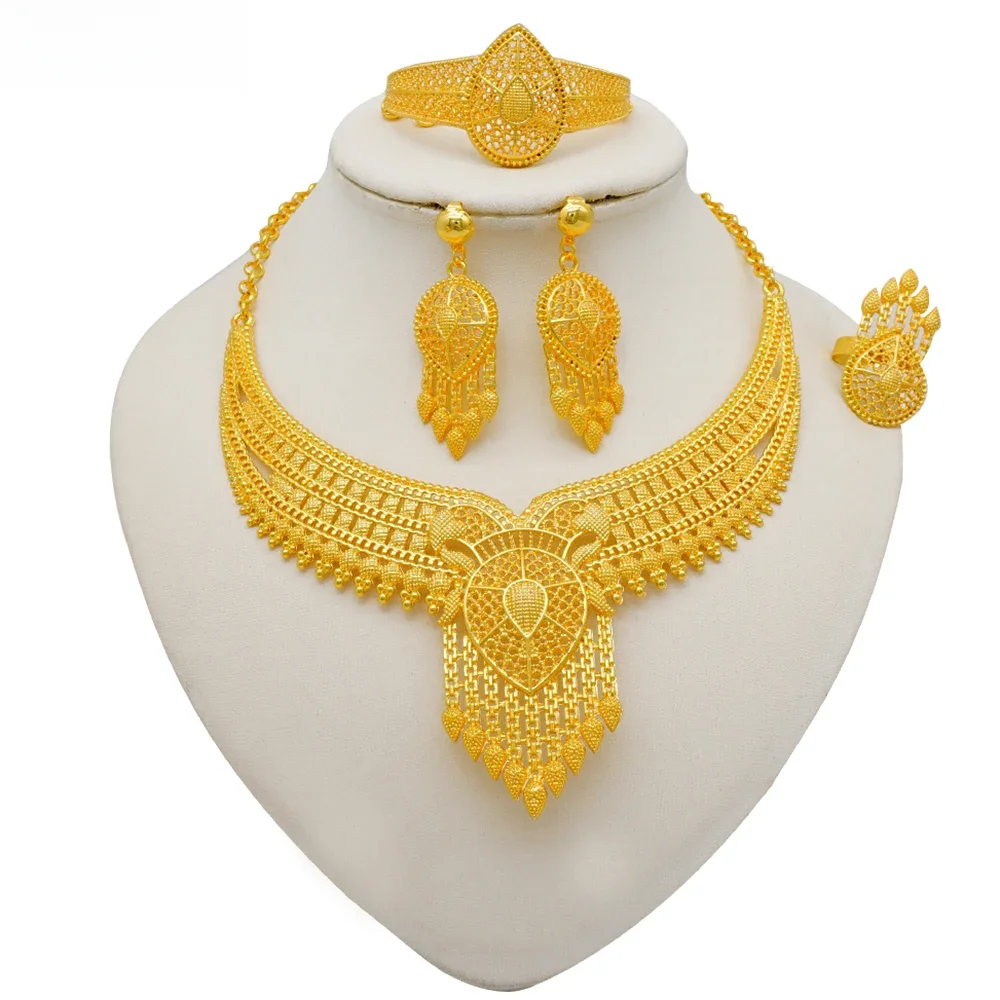 Parures de bijoux indiennes couleur or de Dubaï pour femmes, boucles d'oreilles et collier, cadeaux de mariage nigériens marocains pour fêtes nuptiales