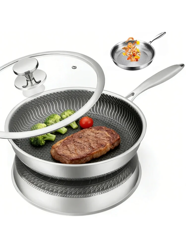 30/26cm 316 Edelstahl-Wabenpfanne mit Antihaftbeschichtung und Deckel, kompatible Bratpfanne für Steak, Eier, Küche, Kochpfanne