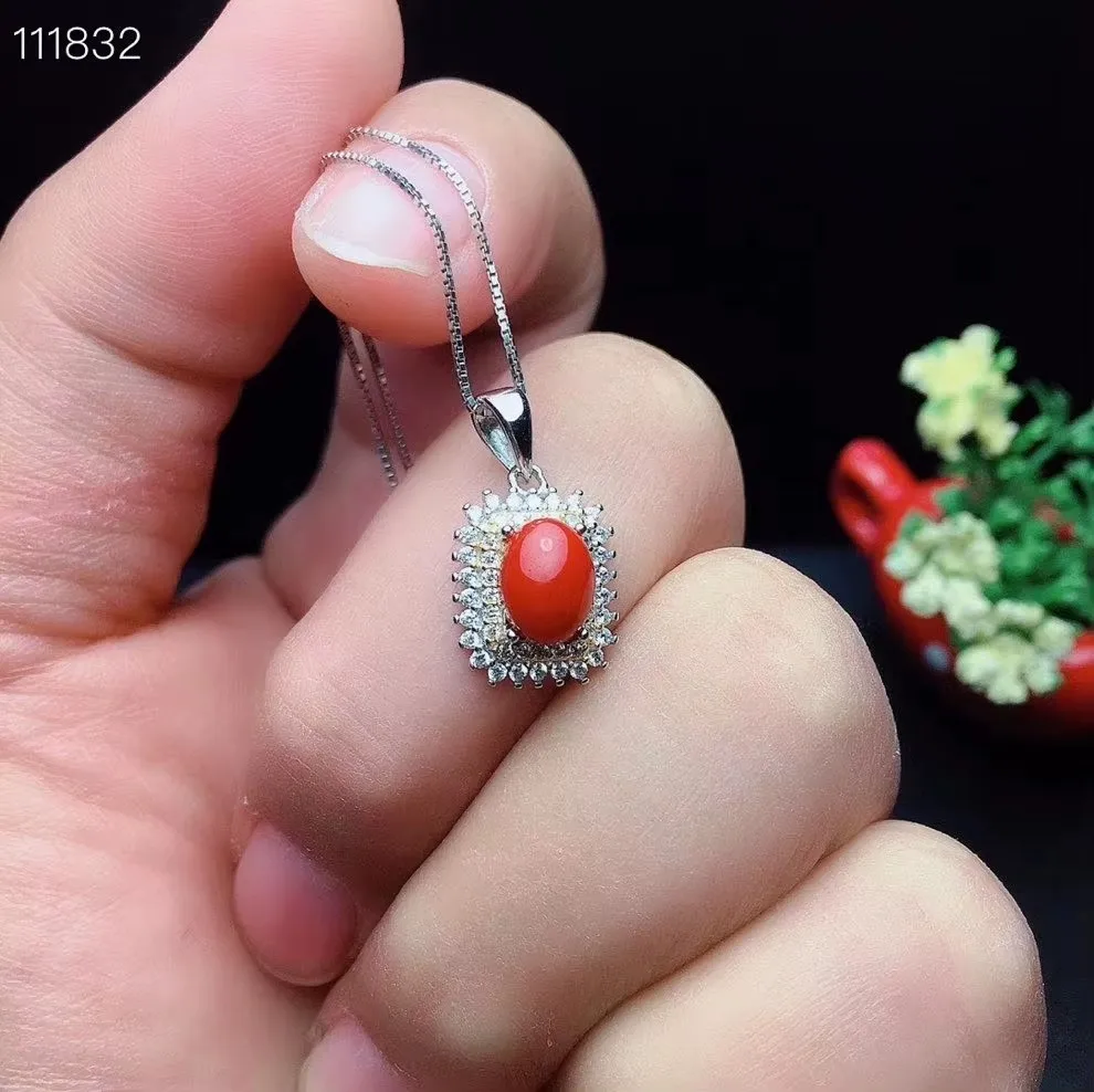 KJJEAXCMY Jewelry Girls' Natural Square Red Coral Gemstone Necklace Pendant Ring Earring Set 925 Pure Silver Plated Platinum view 4