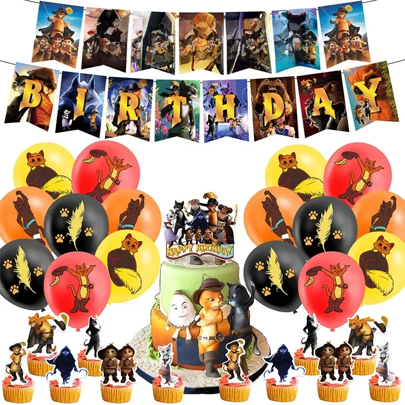Dessin animé chat dans les bottes thème bricolage ballons fournitures de fête bannière d'anniversaire ballon en Latex décoration fournitures de gâteau enfant fille cadeau