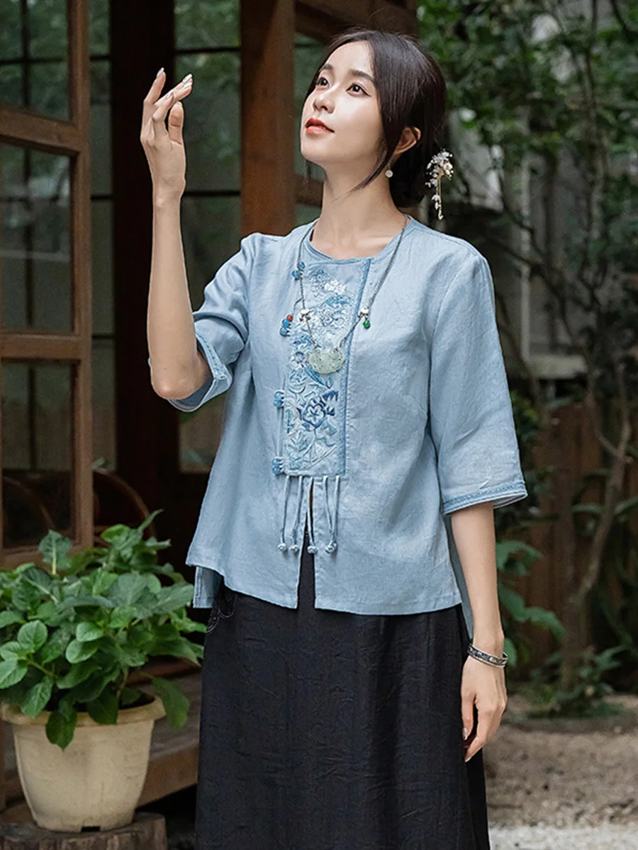 LZJN Women's Chinese ethnic style round neck half sleeve linen blouse heavy embroidery shirt