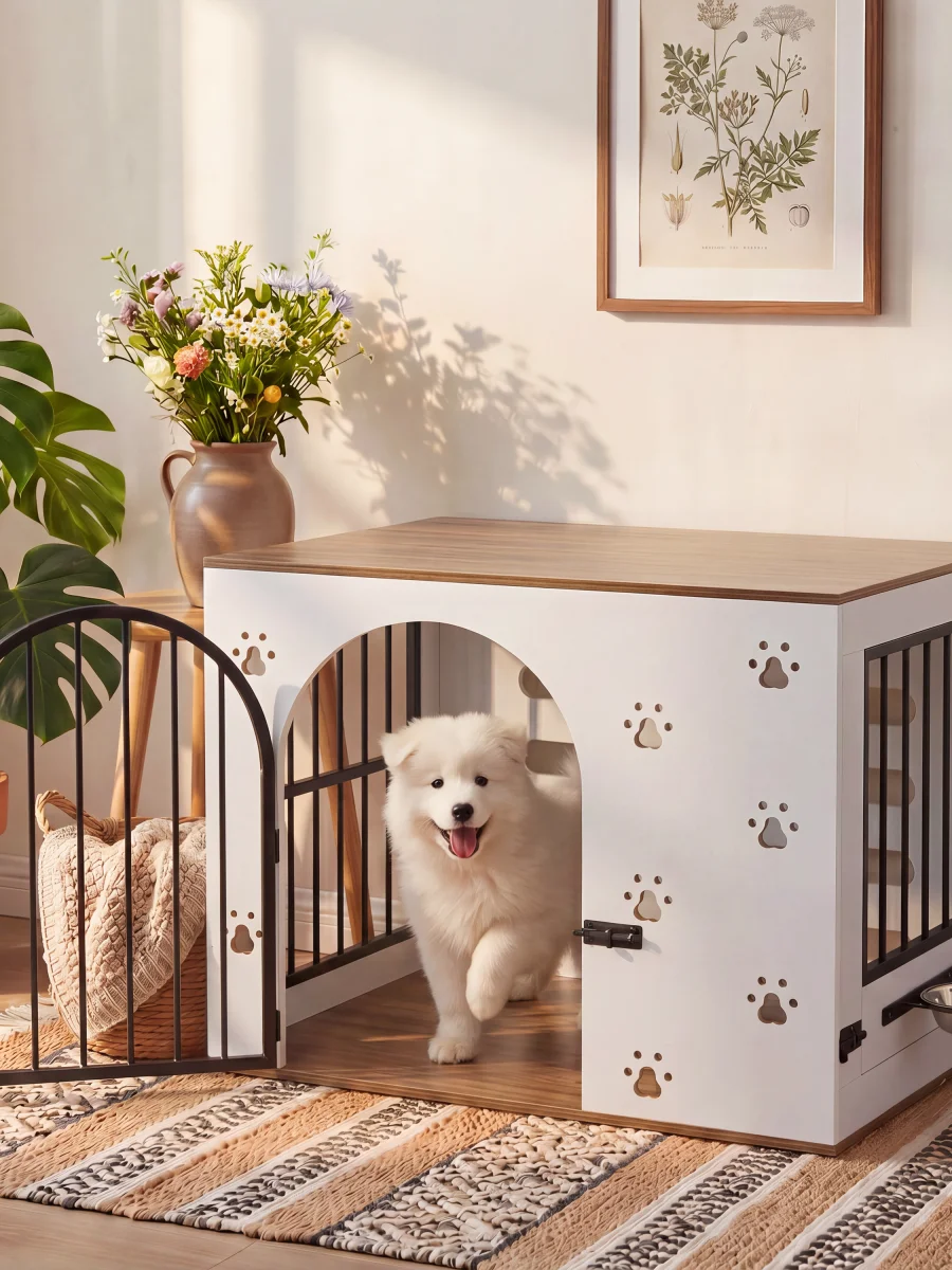 Boîte à chien avec station d'alimentation intégrée, cage en bois pour chien pour la maison, élégante table d'appoint à 2 bols en acier inoxydable, blanc et naturel