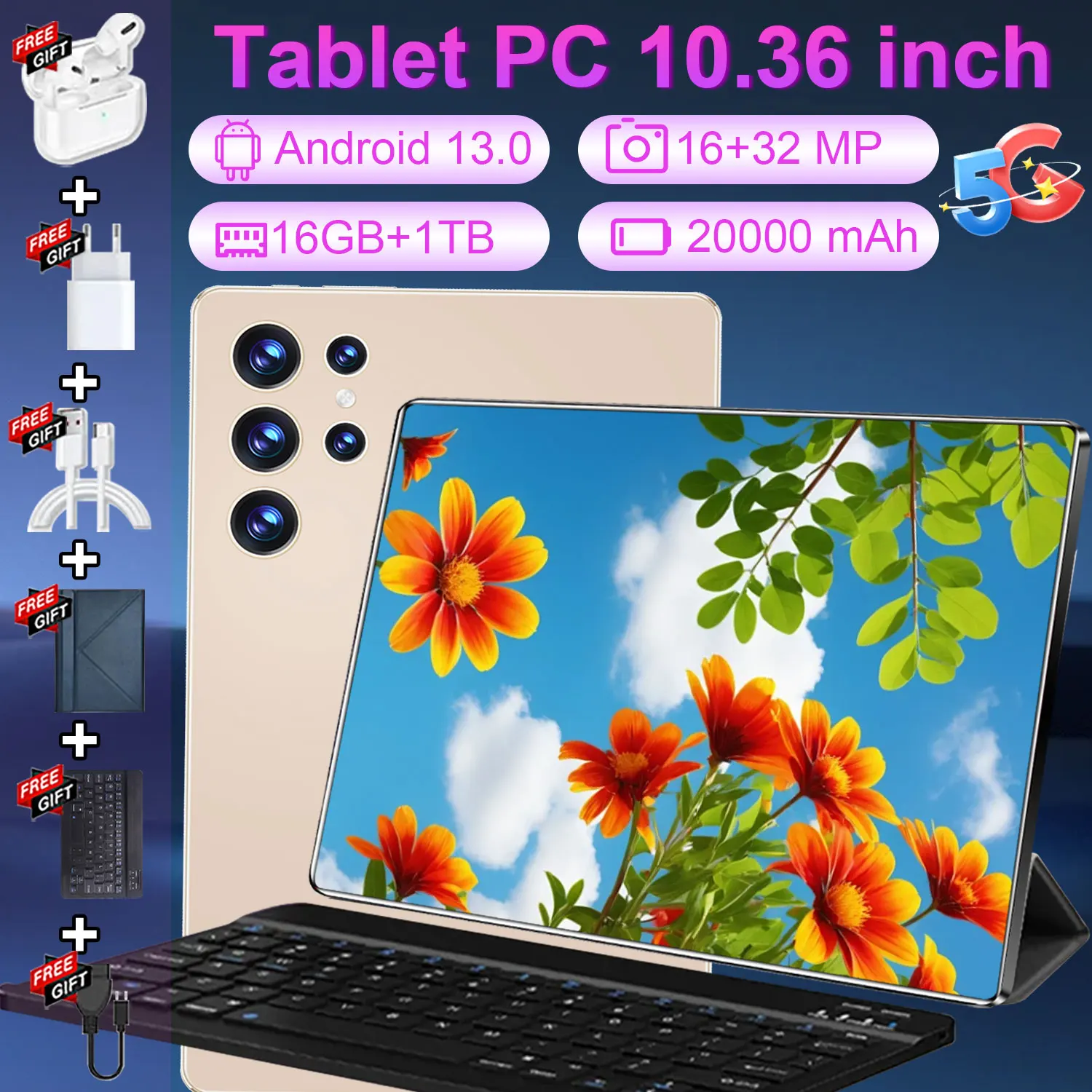 Tablet de 10.36 Pulgadas, 20000mAh, WiFi, 14 Núcleos, 16GB+1TB, Cámara de 16+32 MP, Bluetooth, 5G, Android 13, Doble SIM, GPS, Tablet para Juegos