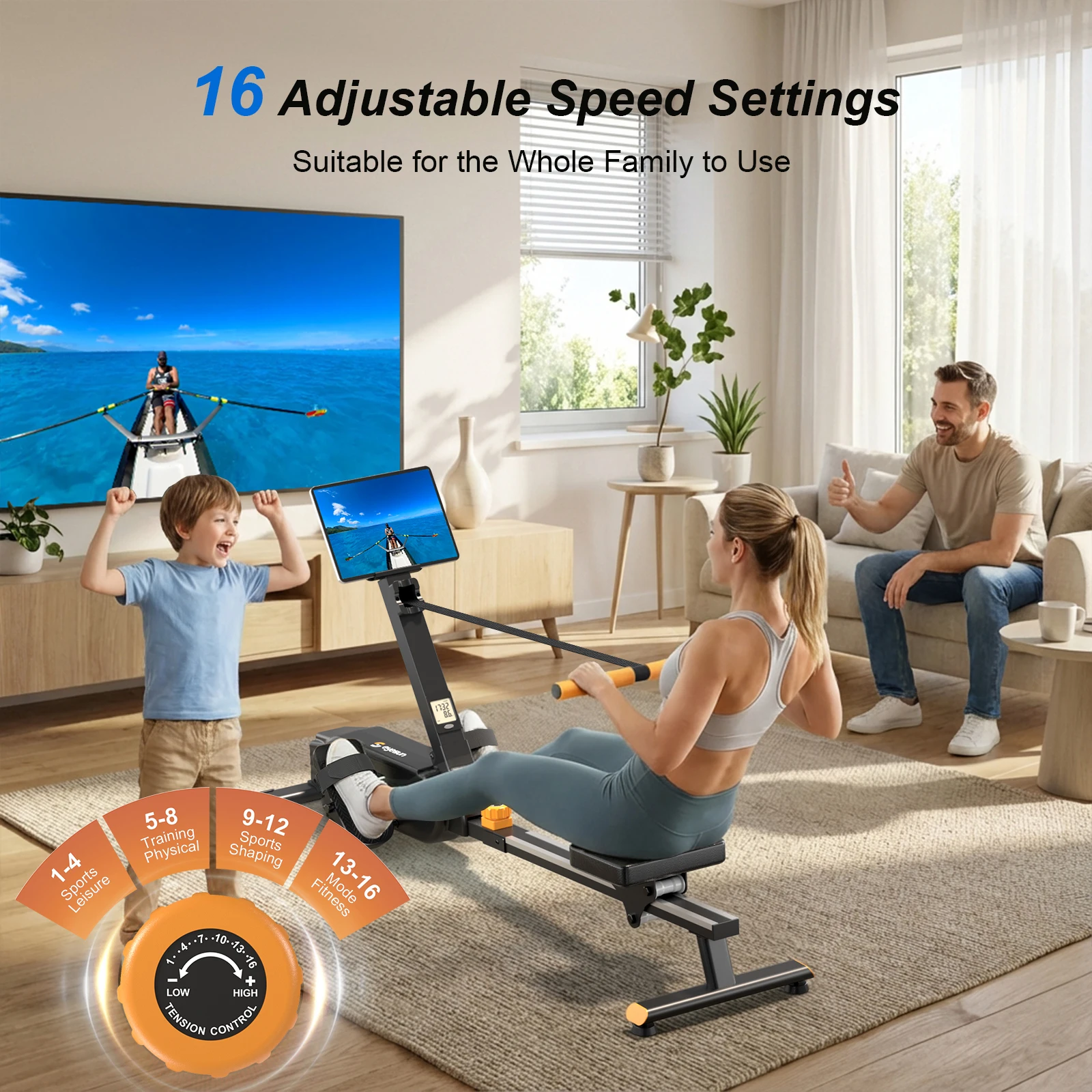 Magnetic Rowing Machine for Home,3 in 1Rowing Machine,Exercise Equipment with 16-Level Quiet Resistance, APP Connection, 350 LBS Capacity, Push-up Board & Pull Rope for Full Body Workout