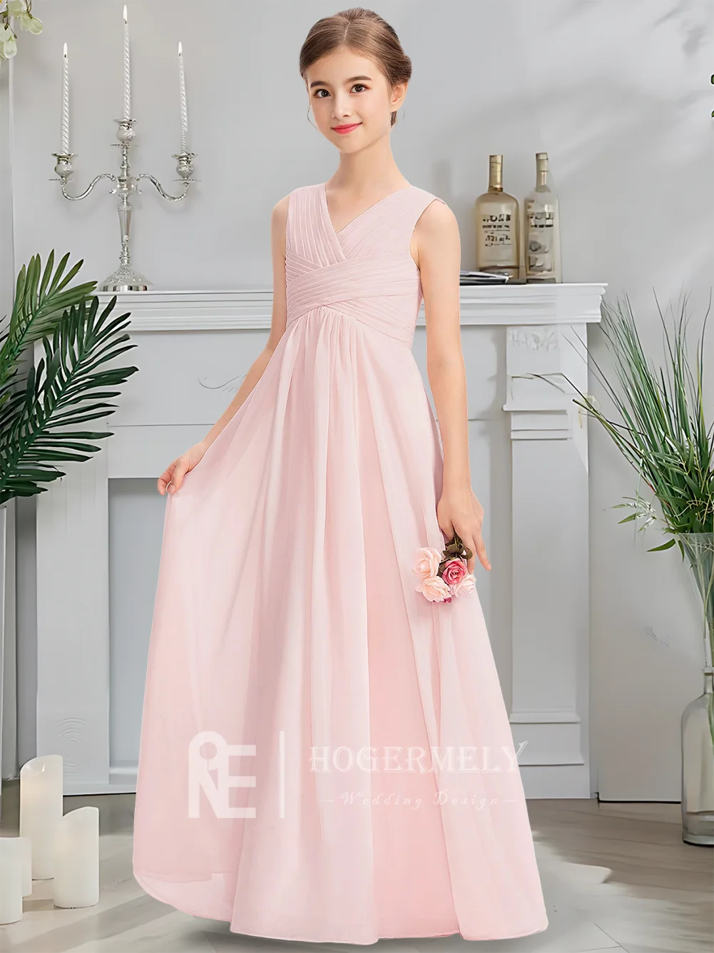 Gaun Pengiring Pengantin Anak Perempuan Model A-Line Warna Hijau Sage Mewah Bahan Chiffon dengan Hiasan Bunga, Panjang Menyentuh Lantai, Kerah V Tanpa Lengan, Resleting Belakang untuk Pernikahan