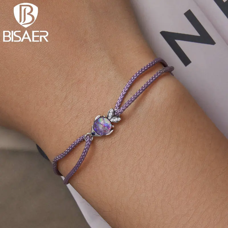 BISAER New 925 Sterling Silver Funny Fish Bracelet Purple Chain Adjustable Hand Rope for Women Fine All-match Jewelry Gift