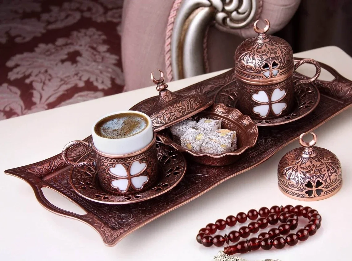 

Turkish Greek Arabic Clover Design Turkish Coffee Cup Set with Tray and Tiny Bowl