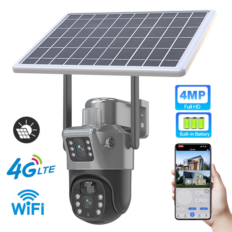 4MP WIFI 4G Wireless PTZ Solar Camera Dual Lens Dual Screen Outdoor IP Camera Solar Panel Audio PIR Security Surveillance Camera