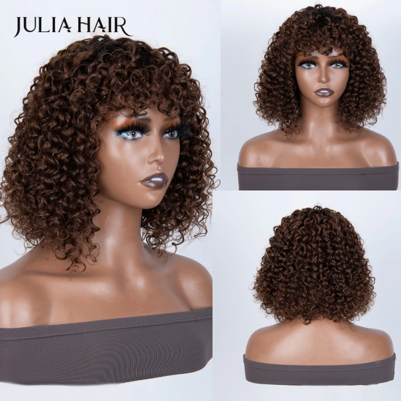 

Julia Hair Beginner-friendly Glueless Wear And Go Dark Brown Short Bob Wig Brazilian Curly Wig With Bangs Human Hair For Women