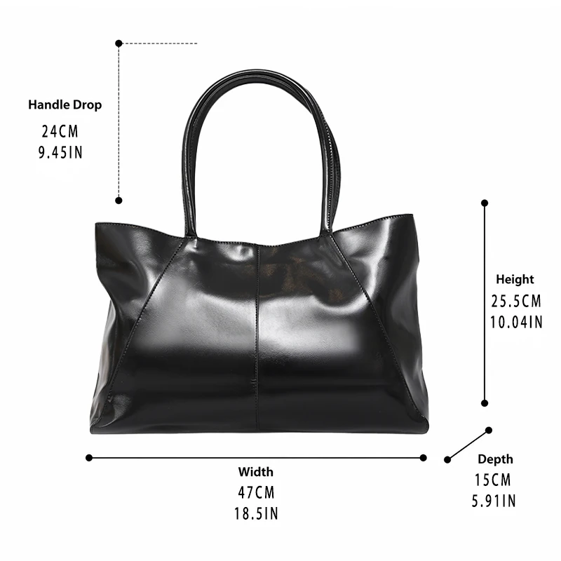 Women's Large Capacity Glossy PU Leather Tote Bag Minimalist Black Shoulder Handbag for Work Travel Shopping Daily Use