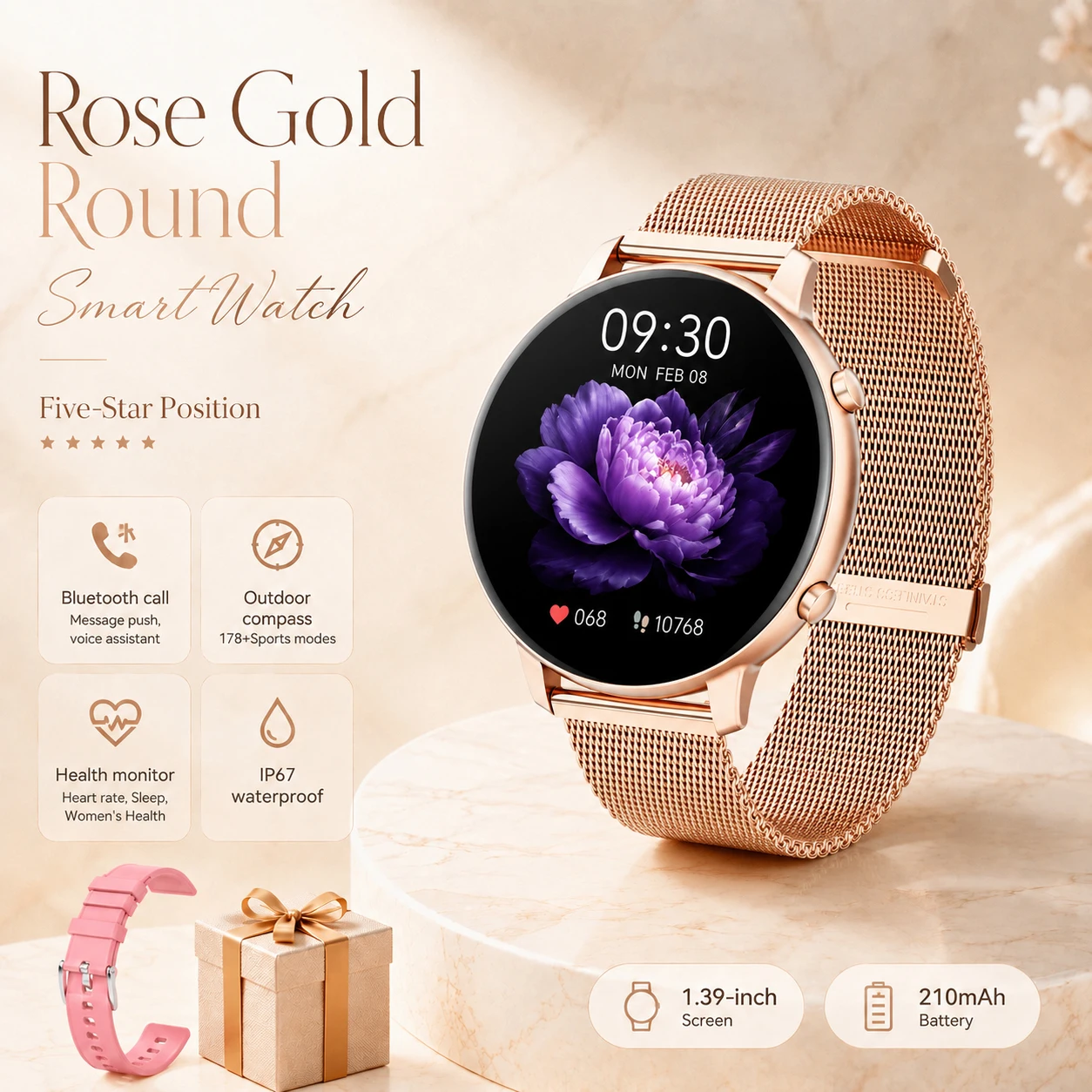 1,39 Zoll HD-Smartwatch, dünnes Metallarmband, Bluetooth-Anrufe, individuelles Zifferblatt, IP67 wasserdicht, 178 Sportmodi, Gesundheits- & Schlafmonitor, Sprachassistent für Android/iOS
