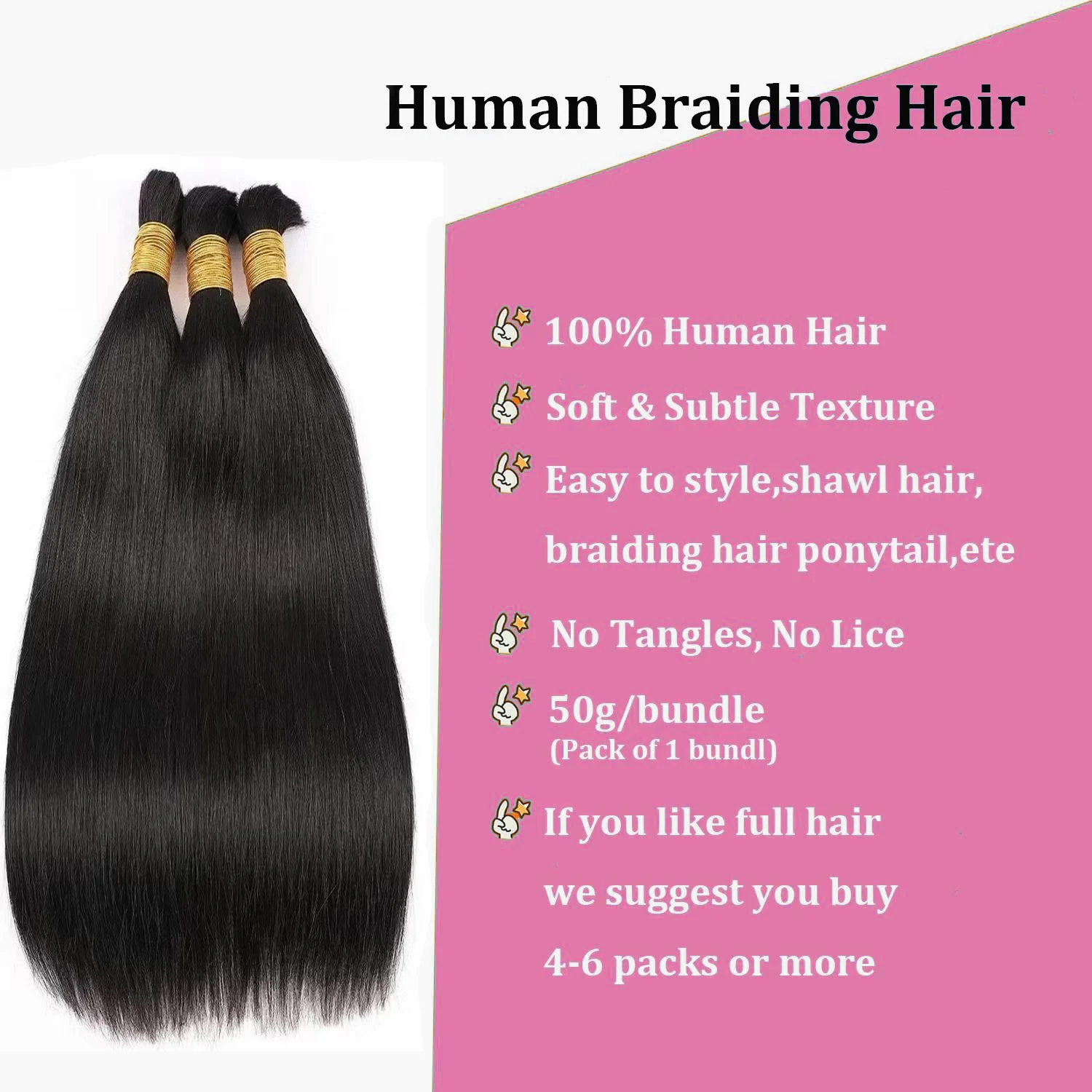 100% Real Human Hair Bulk Good Quality Straight Natural Hair Weaving No Weft Hair Extension Human Hair Braiding For Women 50g/pc