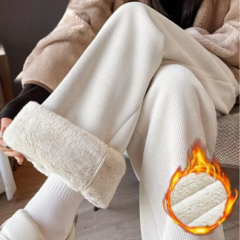 Autumn Winter Lamb Fleece White Plus Thick Wide Leg Pants Women Feel Loose High Waist White Straight Casual Pants Joggers Women
