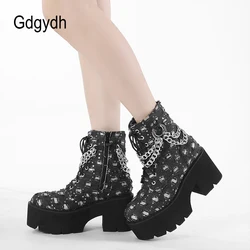 Gdgydh Women's Punk Platform Short Boots with Chain Decor Lace Up Chunky Heeled Combat boots for Women Fashion Sequin