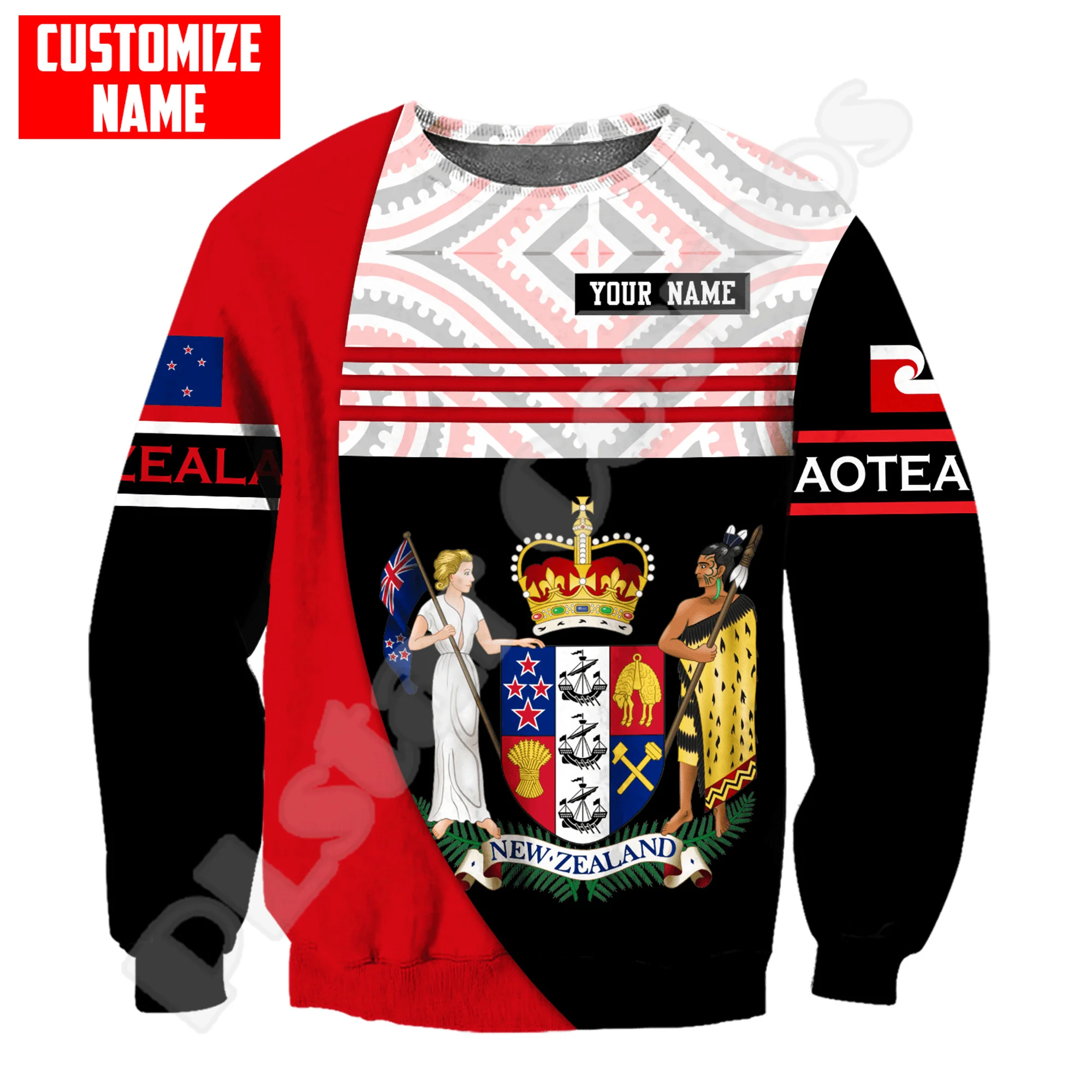 Custom Name Country Flag New Zealand Aotearoa Maori Tattoo Retro Long Sleeves 3DPrint Pullover Harajuku Casual Jacket Hoodies XO