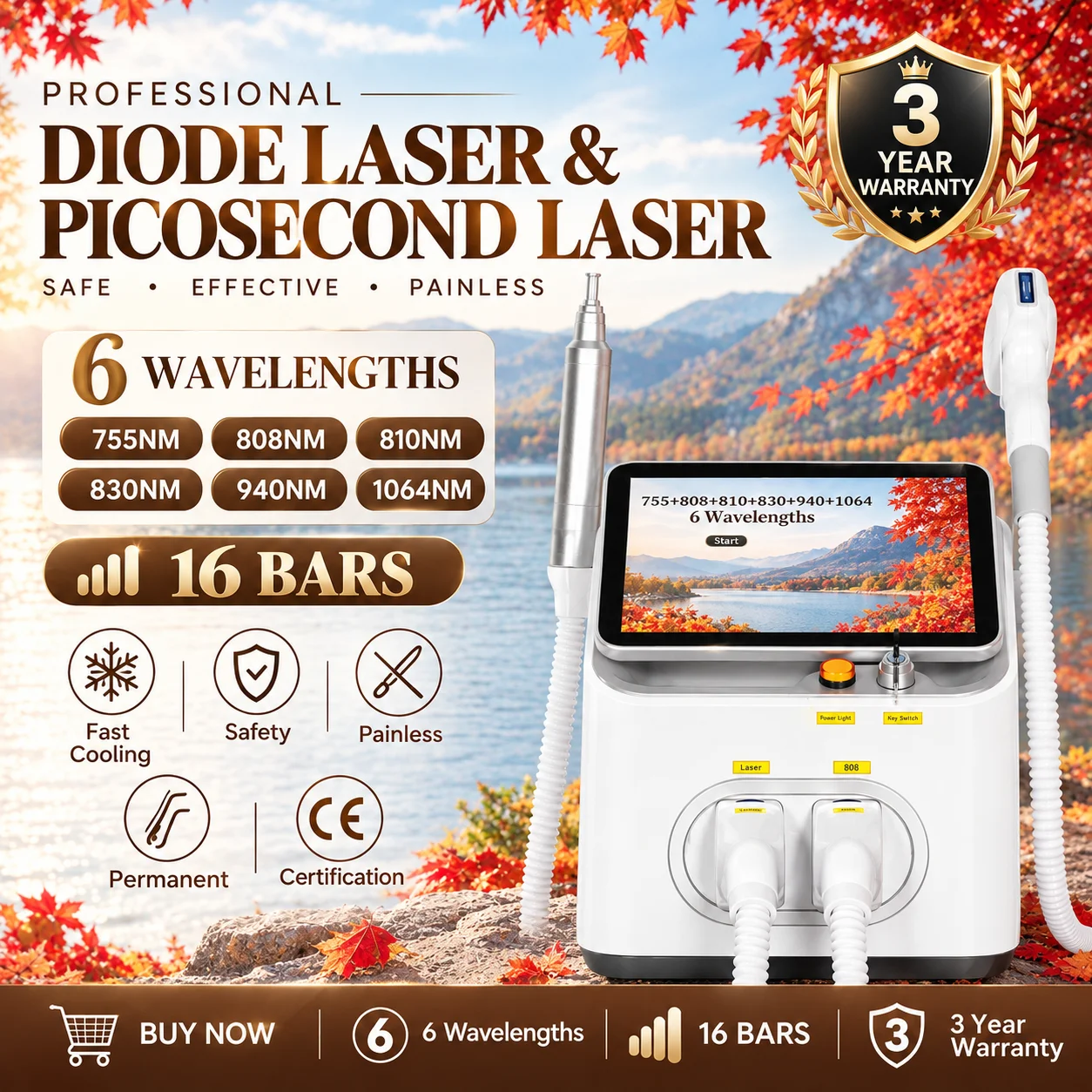 Professional 2 IN 1 16Bars Diode Laser 7000w Hair Removal Device FAC  Picosecond Tattoo Removal Permanent Hair Removal