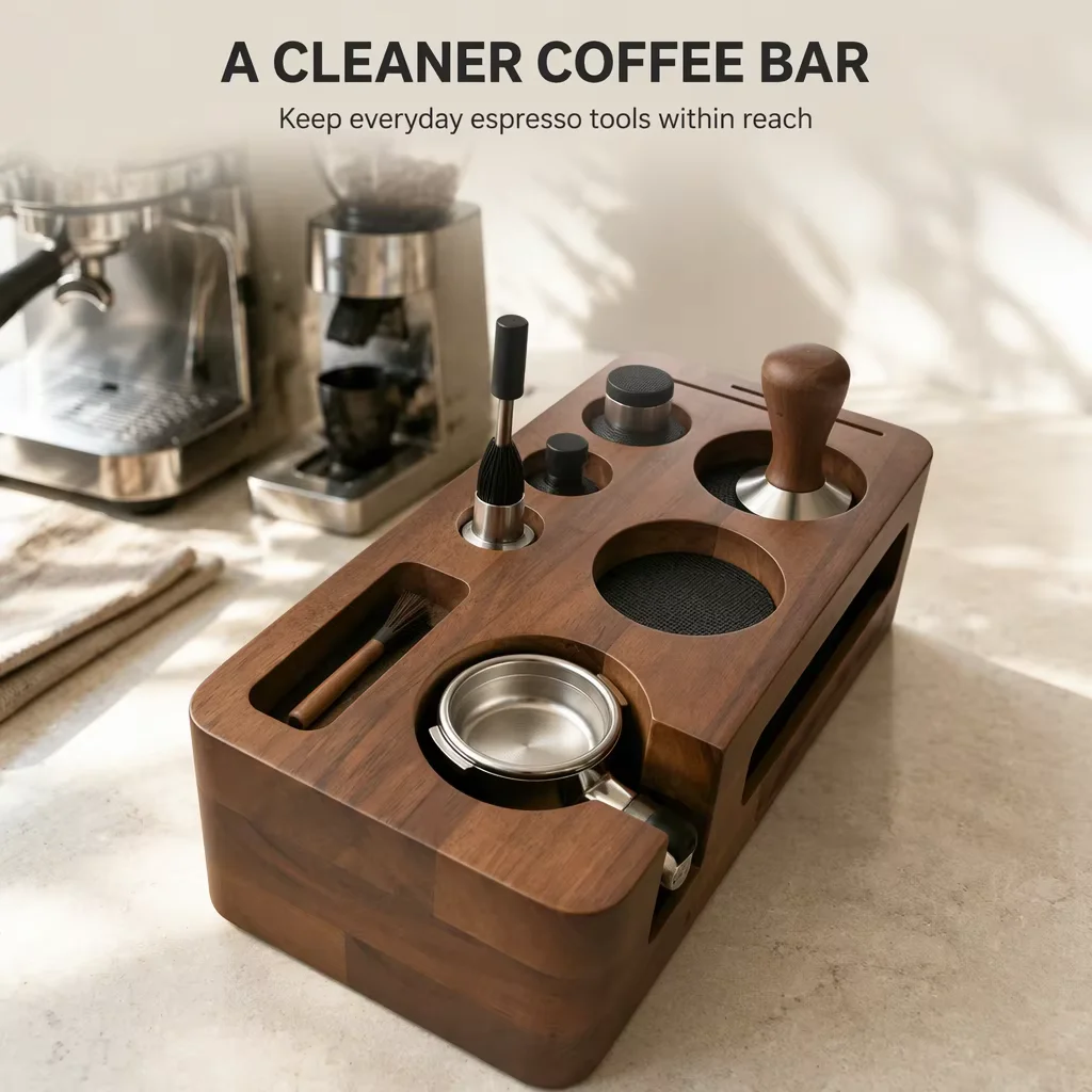 51/58mm Wooden Coffee Tamper Holder Organizer - 3/5 Grinder Portafilter Stand Storage Rack for Espresso Accessories