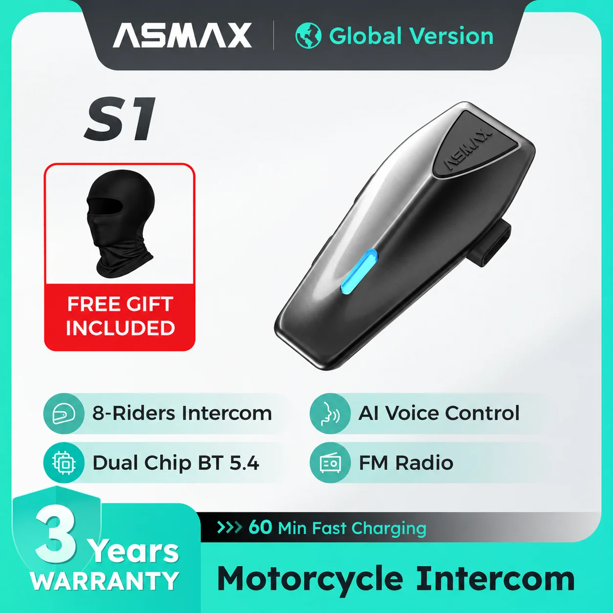 ASMAX S1 Bluetooth Motorcycle Intercom, CloudTalk 50-Rider Cross-Brand Compatible, FM, ENC Mic, Voice Control, IPX7 Waterproof