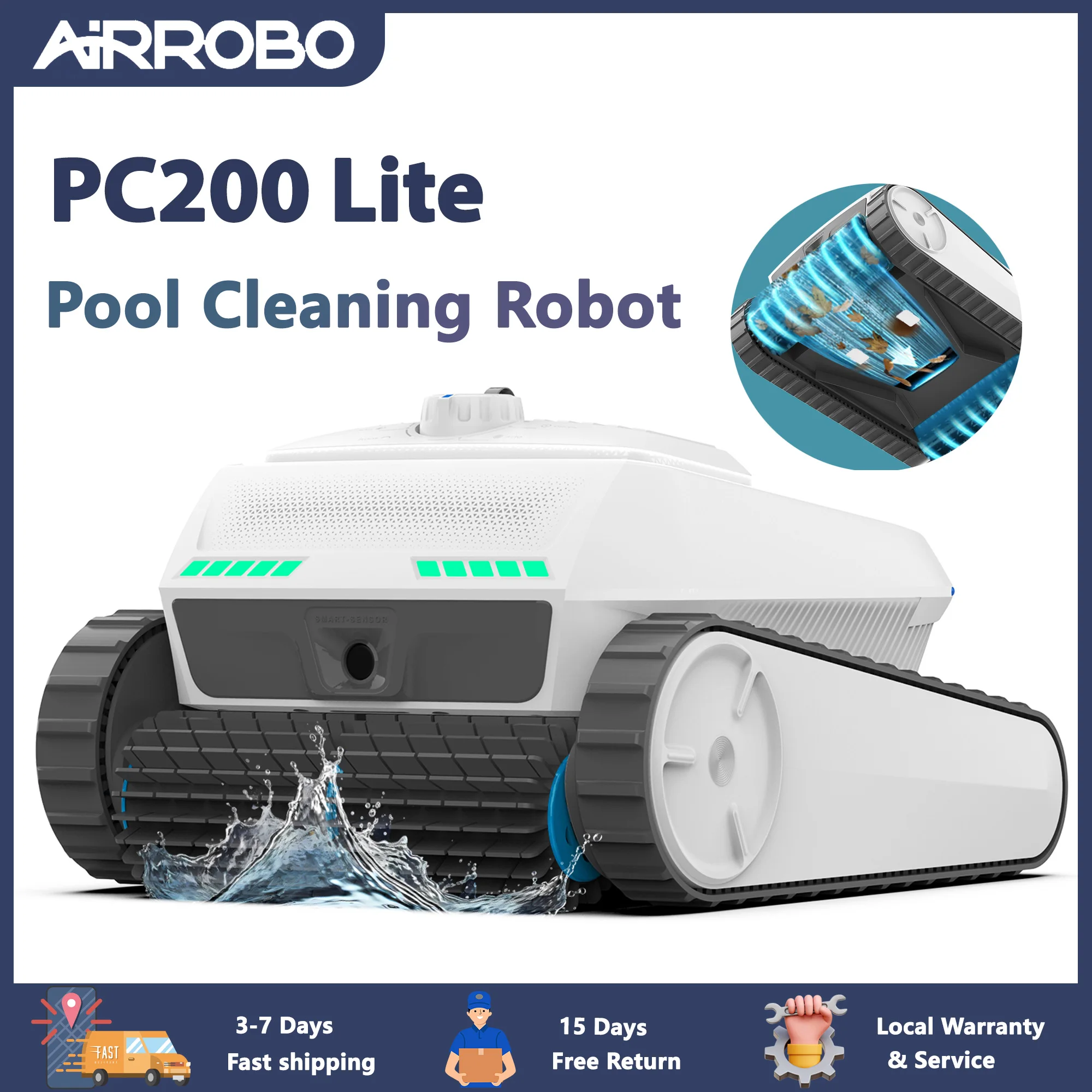 AIRROBO PC200 Lite Pool Robot,4 Roller Brushes&Dual Pump Suction,Ultrasonic Obstacle Avoidance,for Floor,Wall&Waterline Cleaning