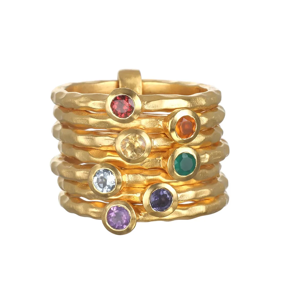 Vintage Byzantium Style Colorful Semi-Precious Gemstone CZ Finger Band Ring For Women Greece Designer Hand Hammered Fine Jewelry