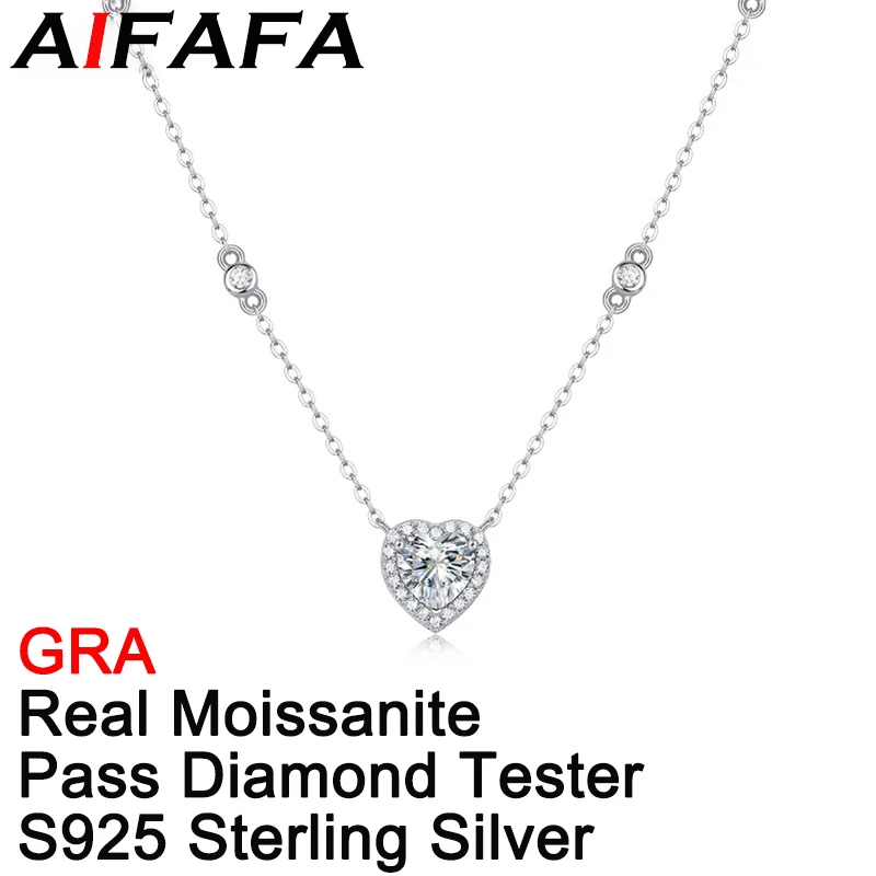 

AIFAFA 1 Carat Real Shiny Moissanite Necklace Heart Pendant 925 Fine Silver Neck Chain Jewelry Wholesale Pass Diamond Test