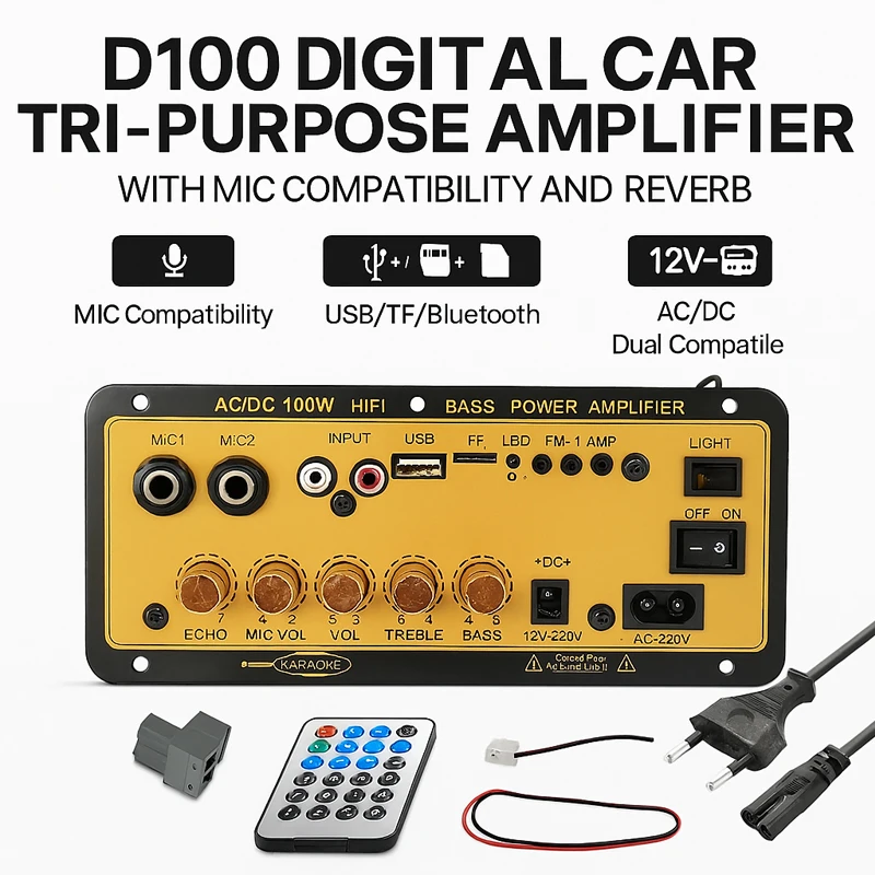 

Плата цифрового аудиоусилителя D100 с входом Bluetooth/микрофона/эхо/TF/USB/радио 100 Вт переменного/постоянного тока для автомобиля или дома