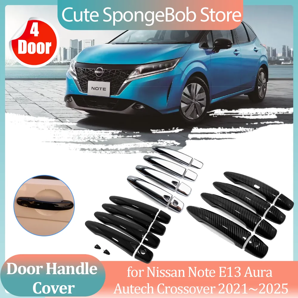 Car Handle Cover for Nissan Note E13 Aura Autech Crossover 2021~2025 Carbon Fiber Black Door Sticker Trim Strip Cap Accessories