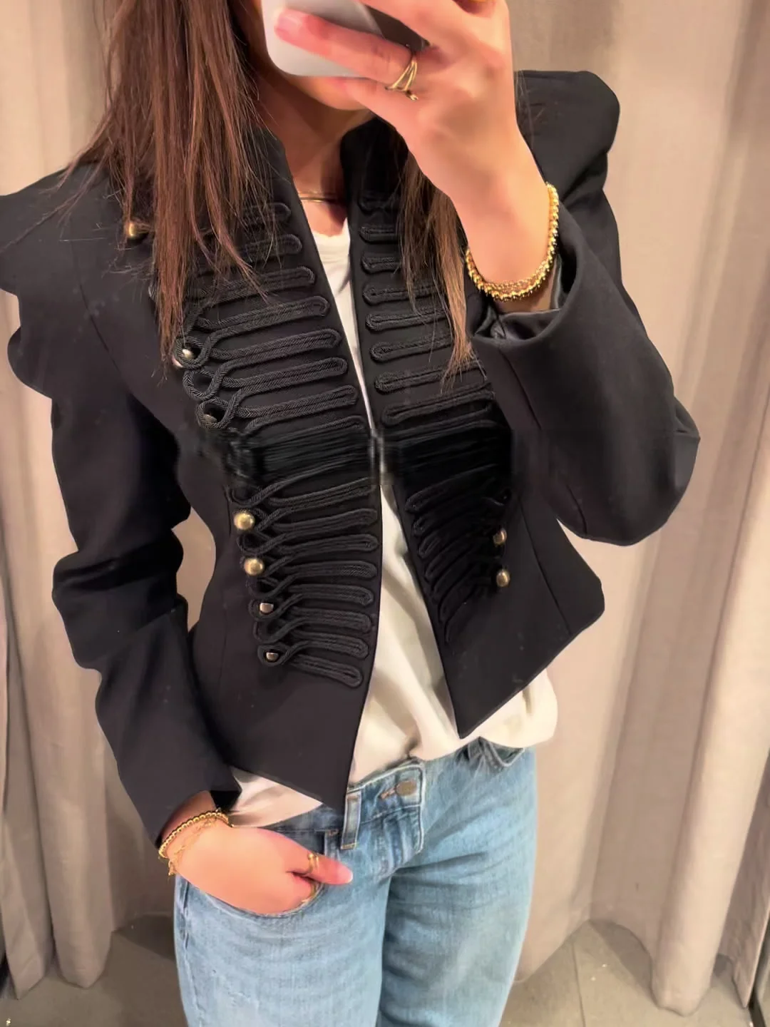 

Women Elegant Stand Collar Jacket Braided Decoration Short Coat Slim Long Sleeve Outwear Fashion Button Blazer Outfits 2026