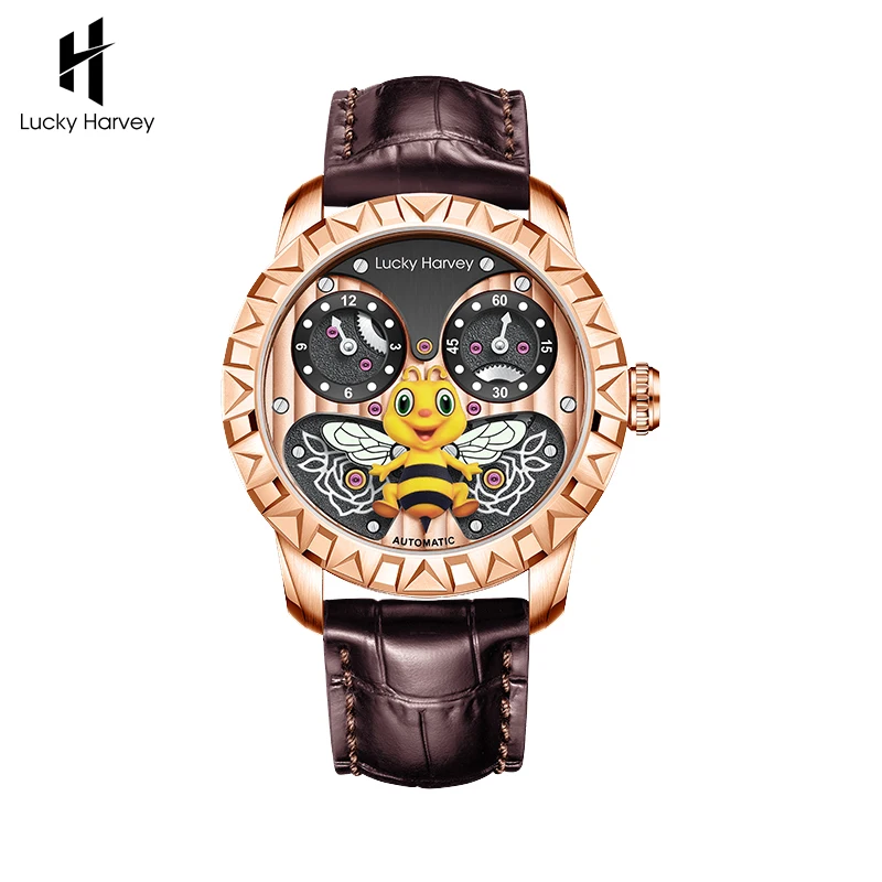 

Lucky Harvey Automatic Mechanical Super Luminous Man Watches Cute Bee Dial Sapphire Mirror Stainless Steel Luxury Men's Watch