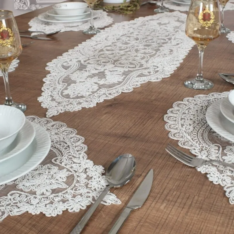 Tropikhome Placemats Embroidered Supla And Runner Set 6 Persons Off White 7 Pieces Presentation Set Valonia White 6 Pcs