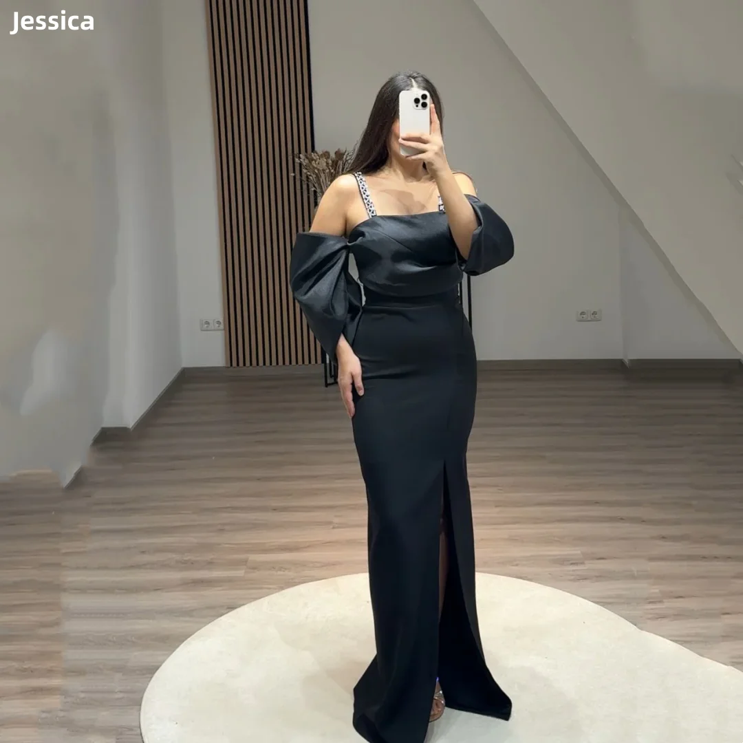 

Jessica Strap Pearls Evening Dresses Satin Puff Sleeves Prom Dresses Off-shoulder Black Mermaid Lady Formal Evening Customized
