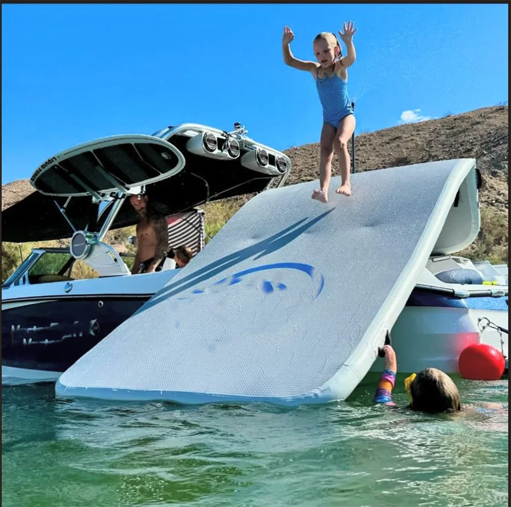 Diapositiva de pontón DWF, tobogán inflable para barco y estera de juego de agua, plataforma flotante funcional dos en uno, ISLANDA deslizante para piscina de lago