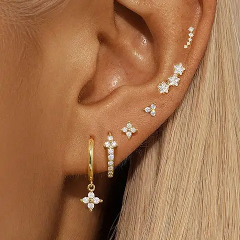 6Pcs Flower Dangle Hoop Stud Stackable Earring for Women, Casual Zirconia 14K Gold Plated Earring Women Vacation Party Jewelry