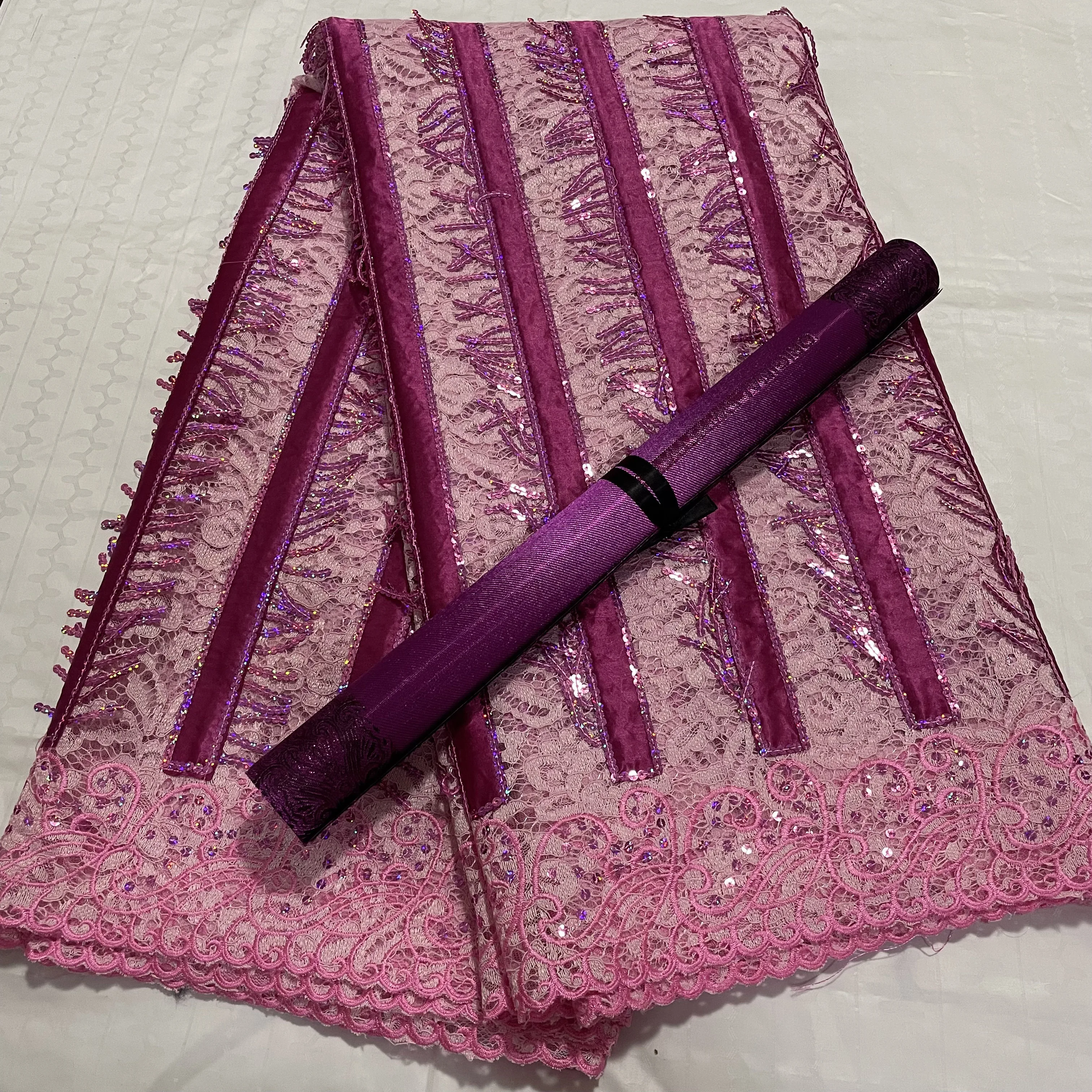 Luxury Pink Lace Fabric with Sequins 5 Yards Embroidery Guipure French Lace Material with 3D Sego Headtie Wrap 2PCS for 2025